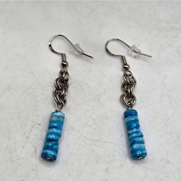 "5/$25" Turquoise Blue Shell Chip Mixed Metal Dangle Earrings Sterling Ear Hooks - Picture 3 of 5
